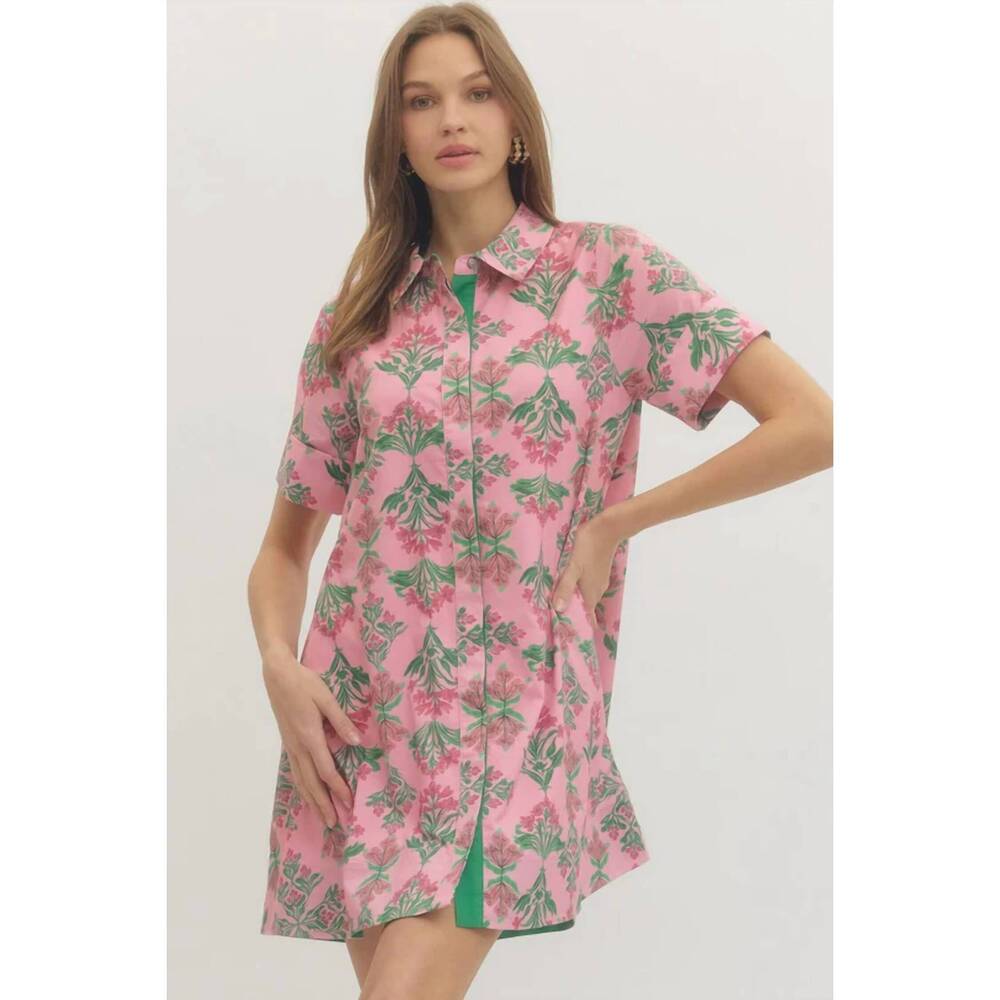 NEW ENTRO print button up mini dress in pink floral